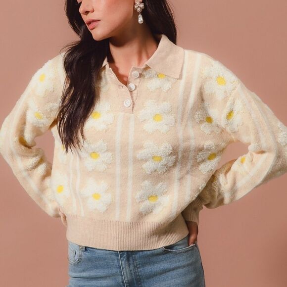 SO ME Floral Stripe Polo Collar Sweater Floral Knit Sweater with Daisies - Picture 4 of 7